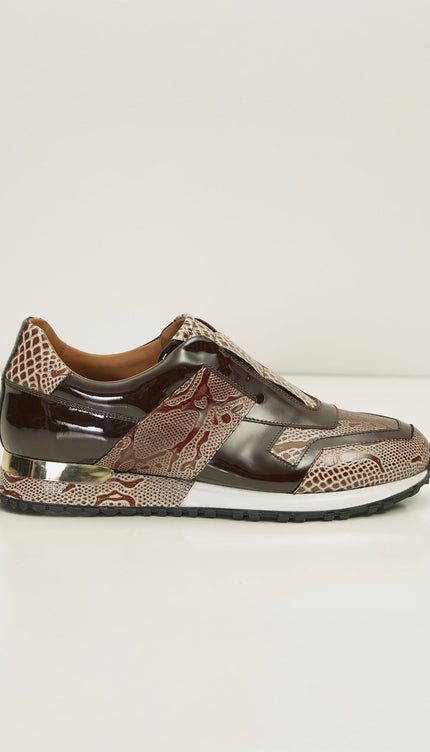 Leather Embossed Snakeskin Sneakers - Brown Beige - Ron Tomson