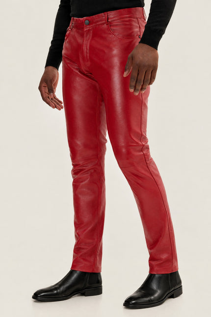 Men's Lambskin Leather Pants - Red | Ron Tomson