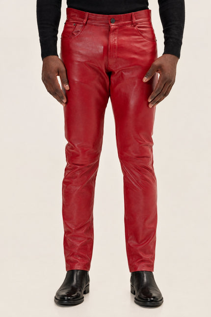 Men's Lambskin Leather Pants - Red | Ron Tomson, image 2 of 5