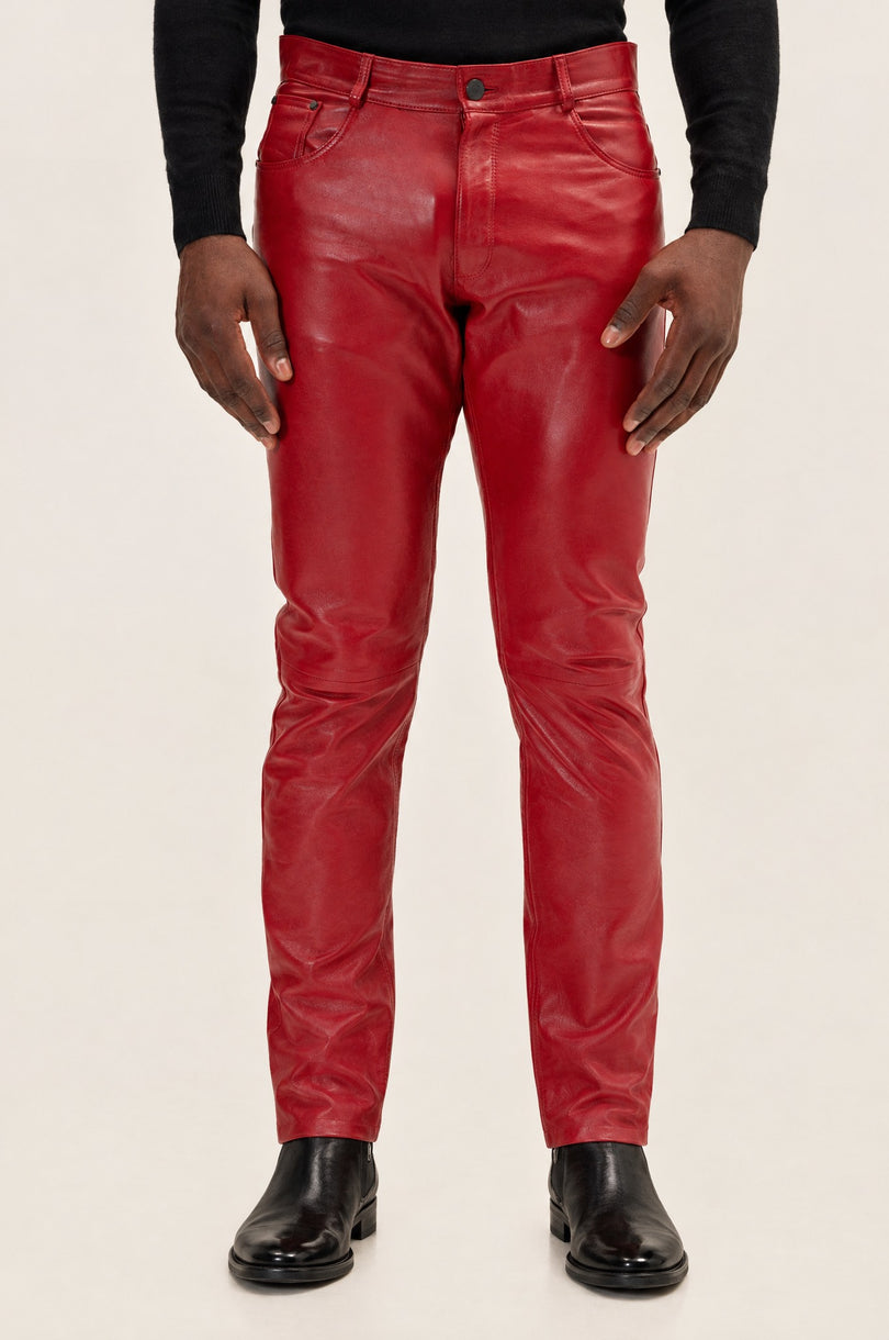 Men's Lambskin Leather Pants - Red | Ron Tomson