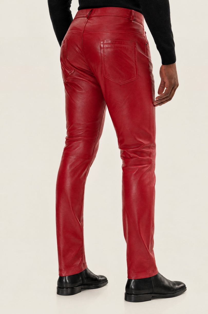 Men's Lambskin Leather Pants - Red | Ron Tomson