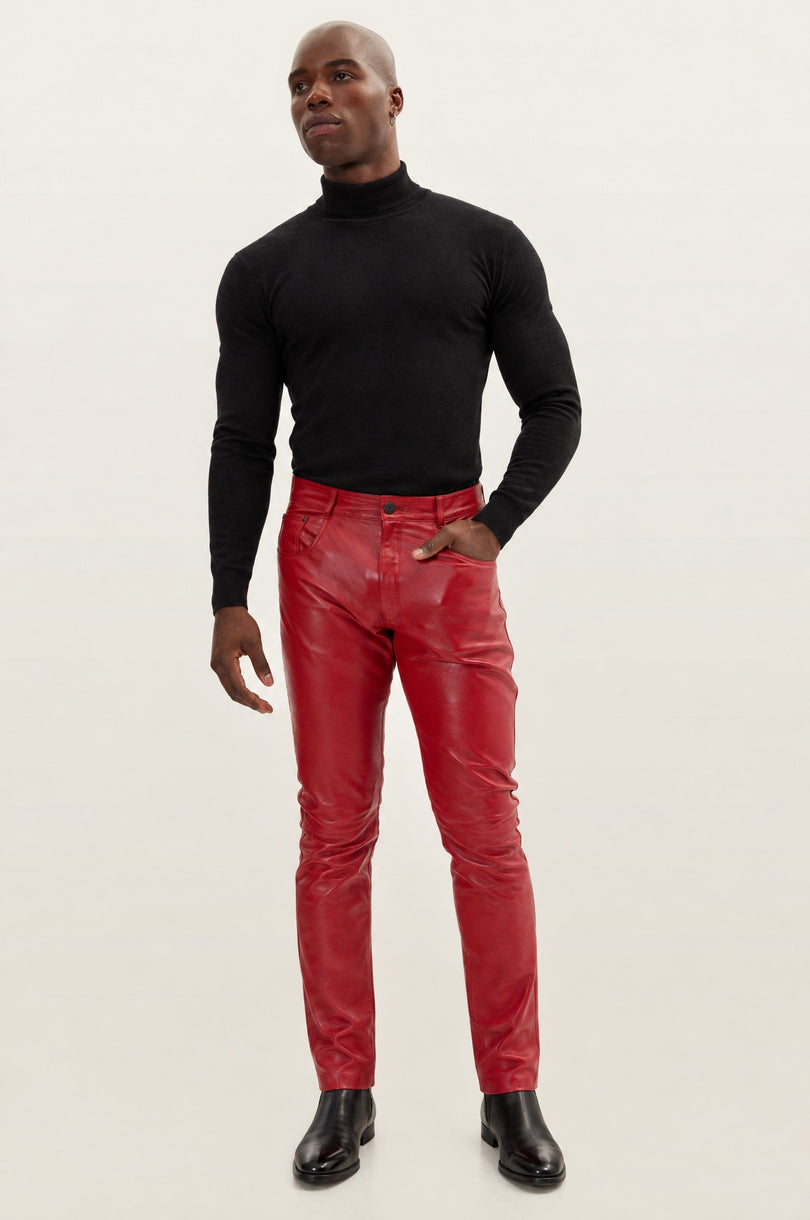 Men's Lambskin Leather Pants - Red | Ron Tomson