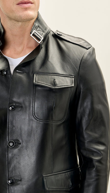 Leather Safari Jacket - Black - Ron Tomson