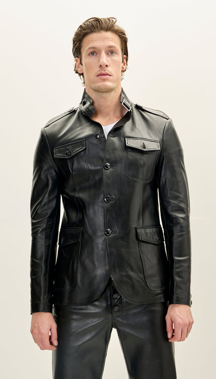 Leather Safari Jacket - Black - Ron Tomson