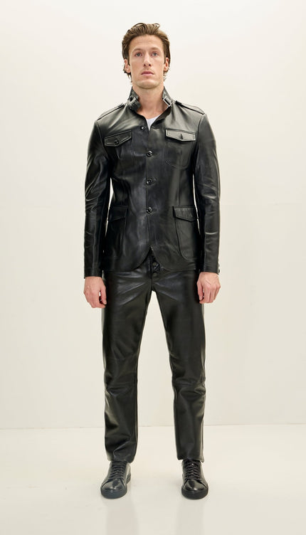 Leather Safari Jacket - Black - Ron Tomson