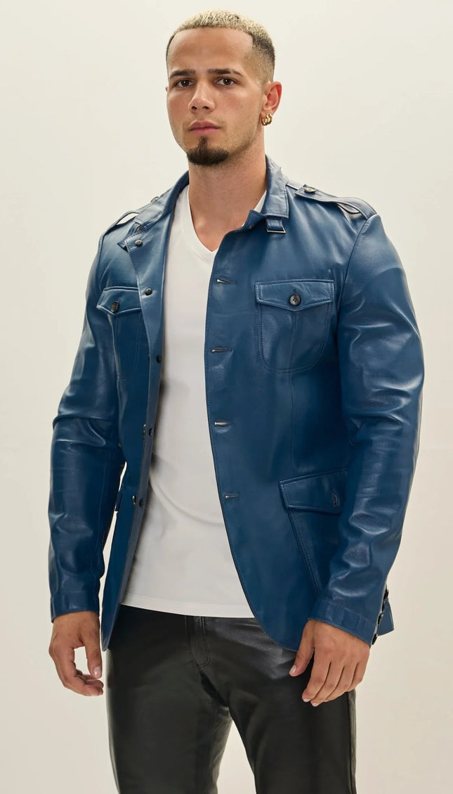 Leather Safari Jacket - Blue - Ron Tomson
