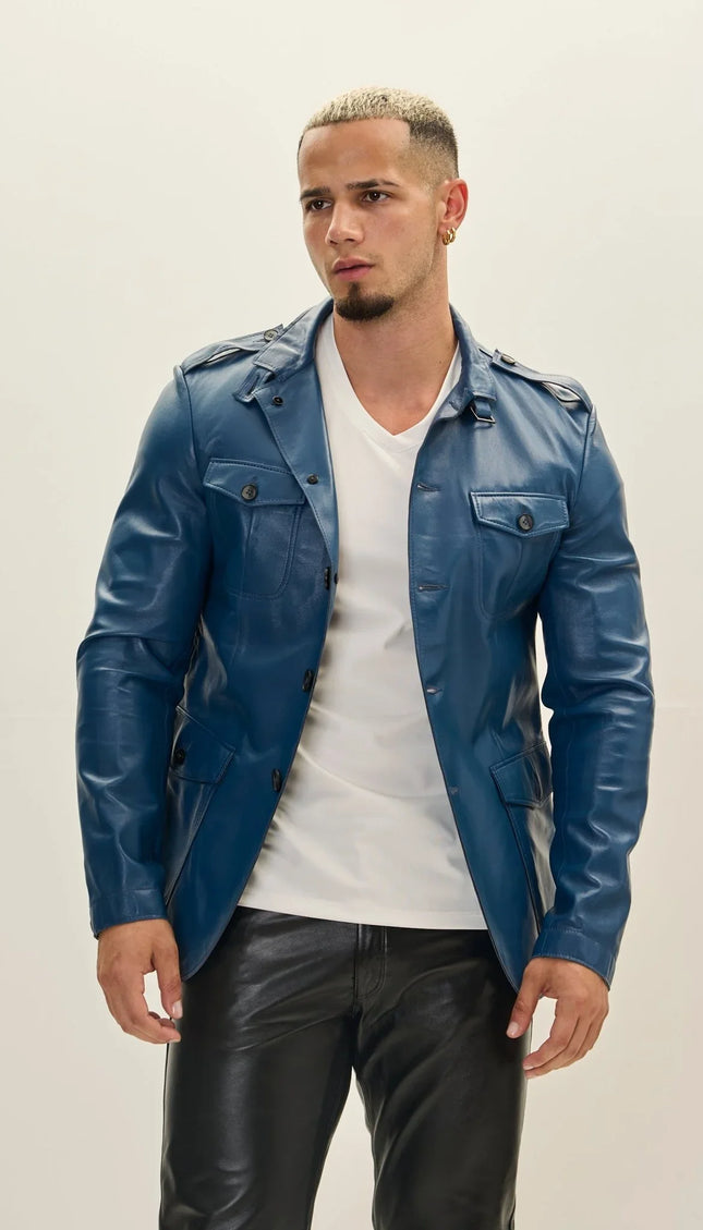 Leather Safari Jacket - Blue - Ron Tomson
