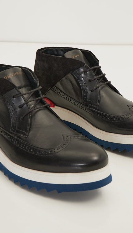Leather Wingtip Sneaker Boots - Black White - Ron Tomson
