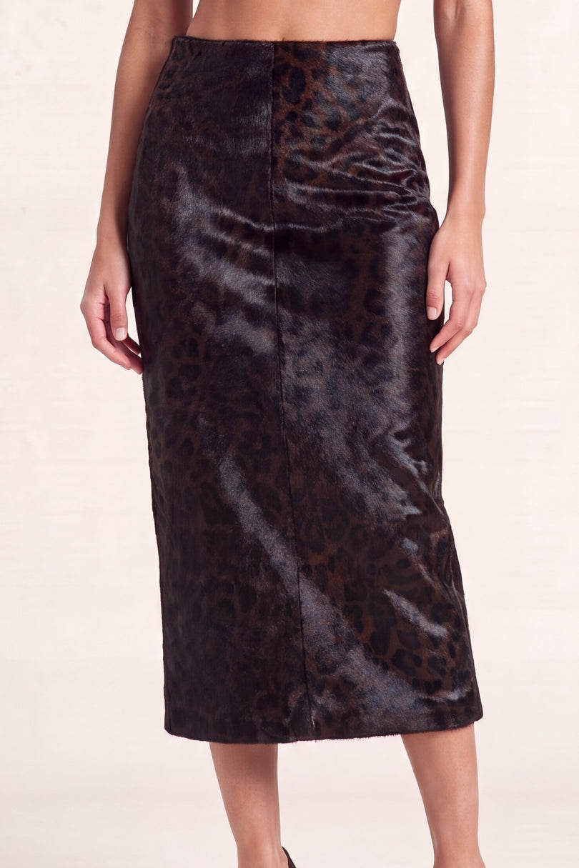 Calf Hair Pencil Skirt - Black Leopard - leopard calf hair detail, waist to hem