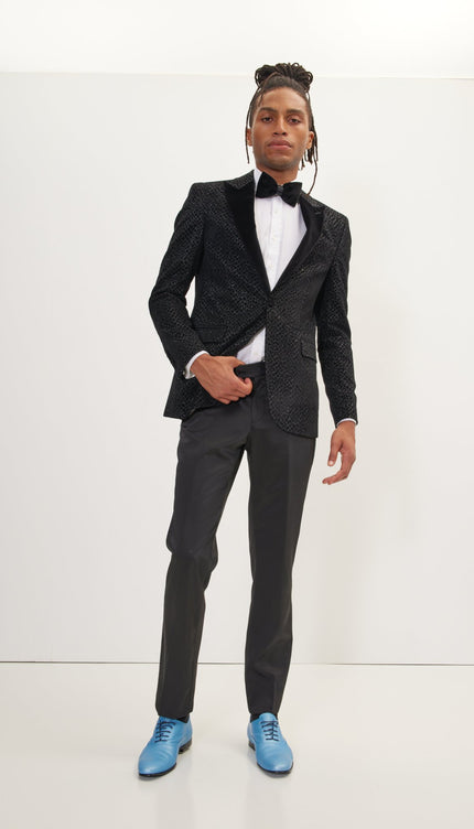 Leopard Flocking Peak Lapel Tuxedo Jacket - Black - Ron Tomson