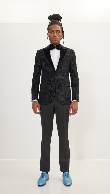 Leopard Flocking Peak Lapel Tuxedo Jacket - Black - Ron Tomson