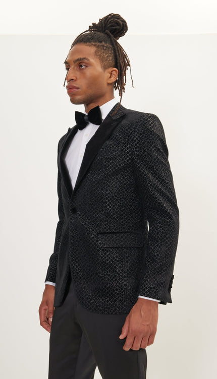 Leopard Flocking Peak Lapel Tuxedo Jacket - Black - Ron Tomson