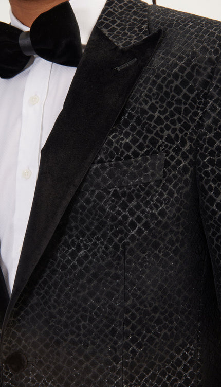 Leopard Flocking Peak Lapel Tuxedo Jacket - Black - Ron Tomson