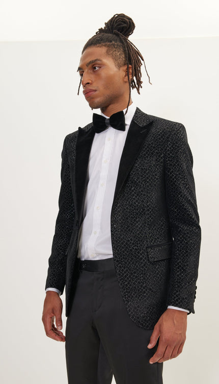 Leopard Flocking Peak Lapel Tuxedo Jacket - Black - Ron Tomson