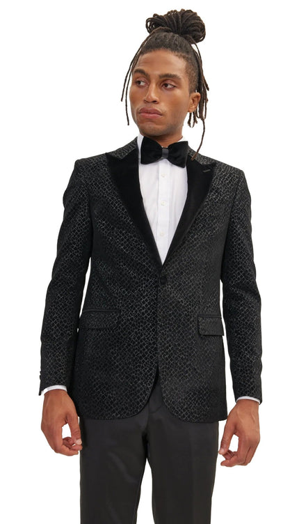 Leopard Flocking Peak Lapel Tuxedo Jacket - Black - Ron Tomson