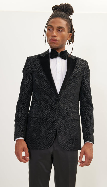 Leopard Flocking Peak Lapel Tuxedo Jacket - Black - Ron Tomson