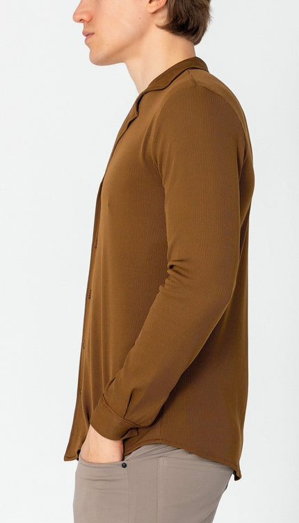 Lightweight Drapery Plisse Shirt - Camel - Ron Tomson