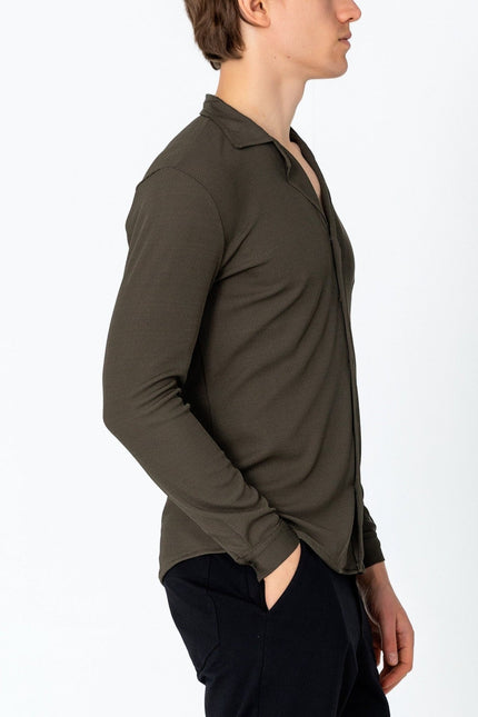 Lightweight Drapery Plisse Shirt - Olive Green - Ron Tomson