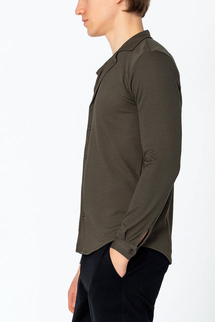 Lightweight Drapery Plisse Shirt - Olive Green - Ron Tomson