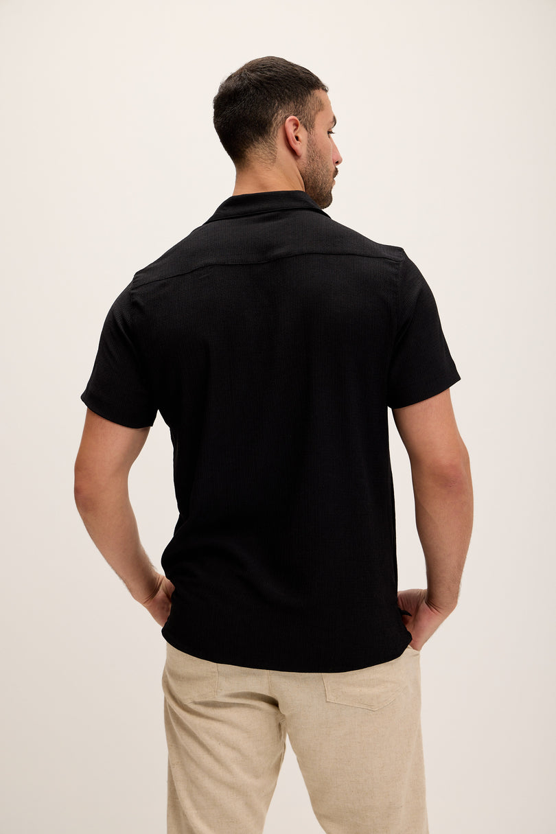 Lightweight Solid Camp Collar Shirt - Black - Ron Tomson