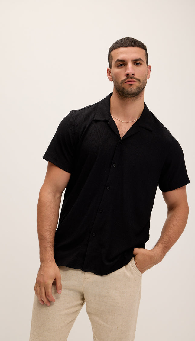 Lightweight Solid Camp Collar Shirt - Black - Ron Tomson