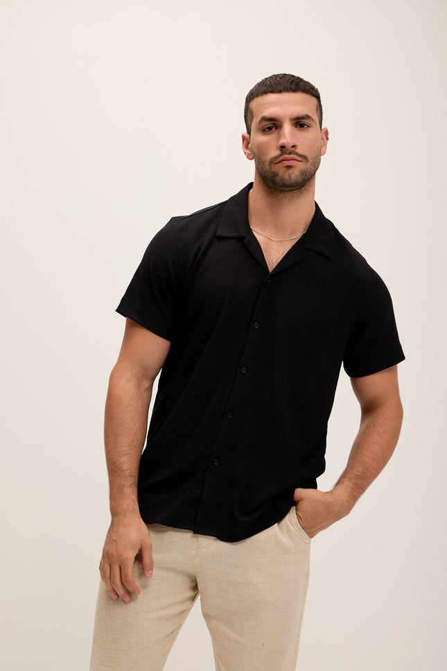 Lightweight Solid Camp Collar Shirt - Black - Ron Tomson