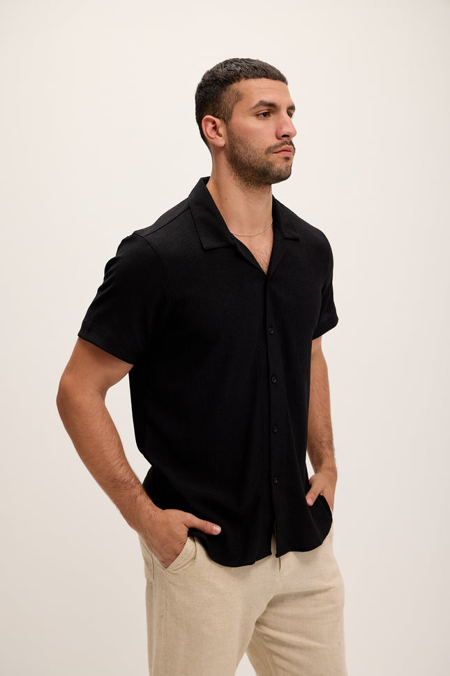 Lightweight Solid Camp Collar Shirt - Black - Ron Tomson
