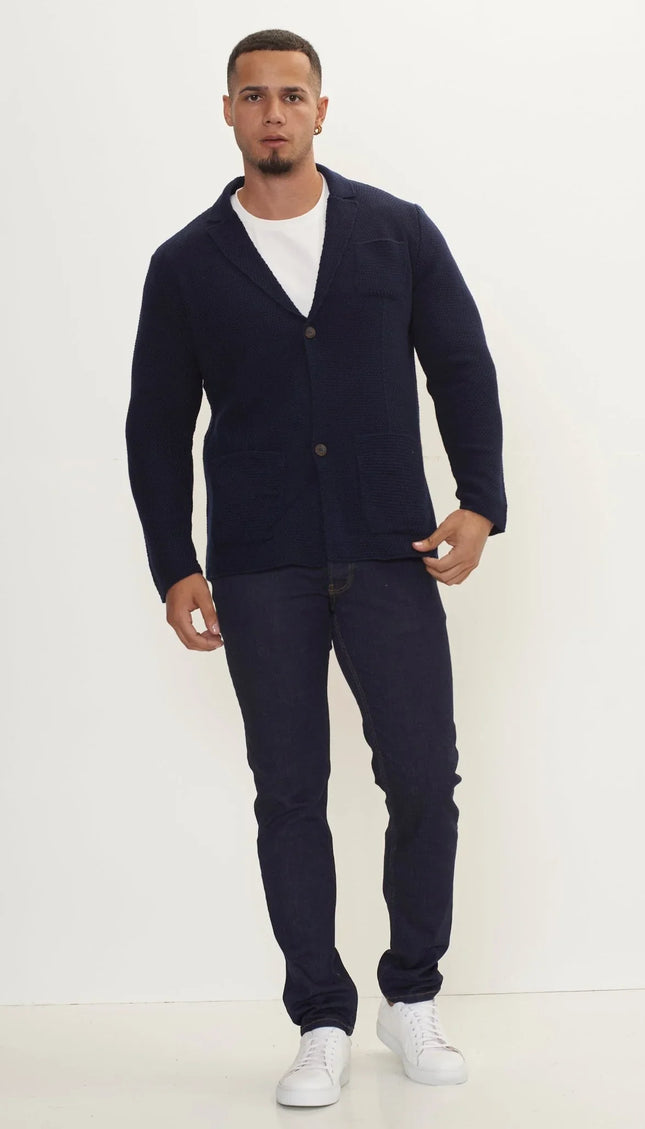 Lightweight Waffled Knit Blazer - Navy - Ron Tomson