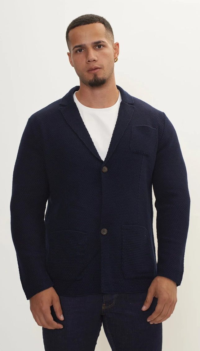 Lightweight Waffled Knit Blazer - Navy - Ron Tomson
