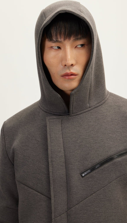 Linear Hooded Long Knit Zipper Jacket - Anthracite - Ron Tomson