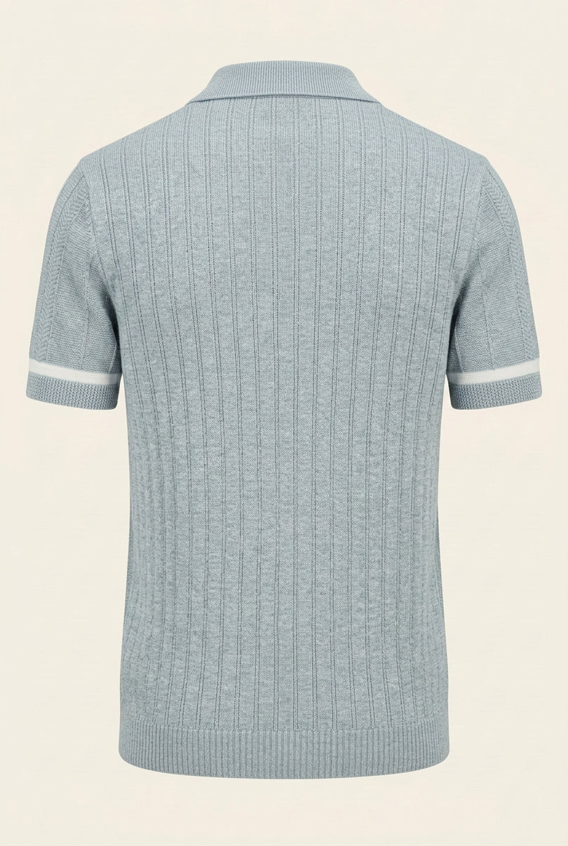 Linen blend chevron fitted polo shirt - Blue - Back