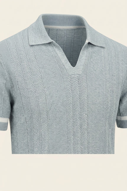Linen blend chevron fitted polo shirt - Blue - Detail