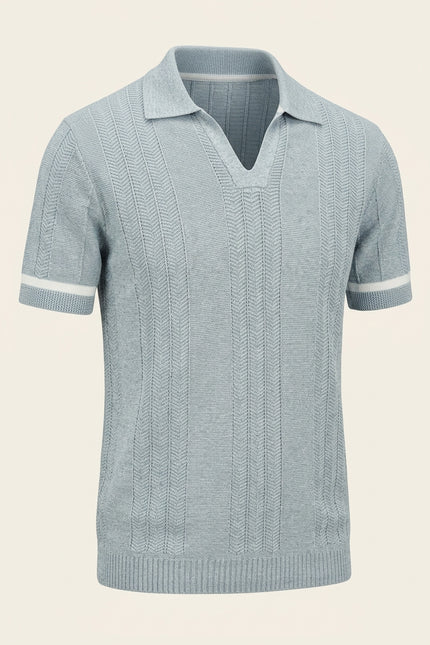 Linen blend chevron fitted polo shirt - Blue - Front