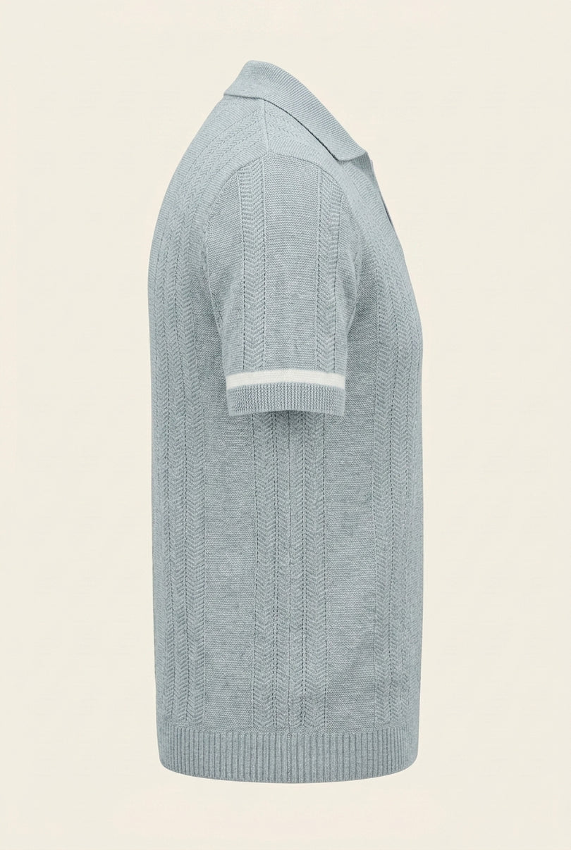 Linen blend chevron fitted polo shirt - Blue - Side