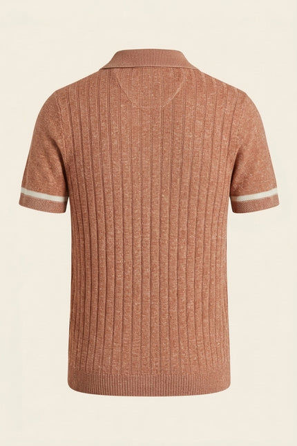 Linen blend chevron fitted polo shirt - Pink - Back