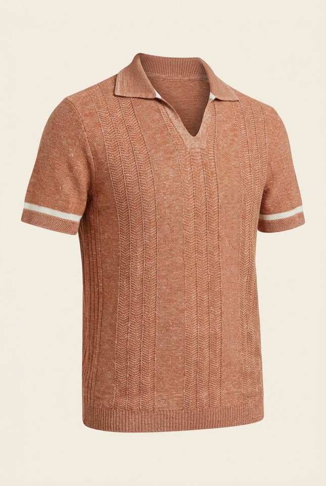 Linen blend chevron fitted polo shirt - Pink - Front