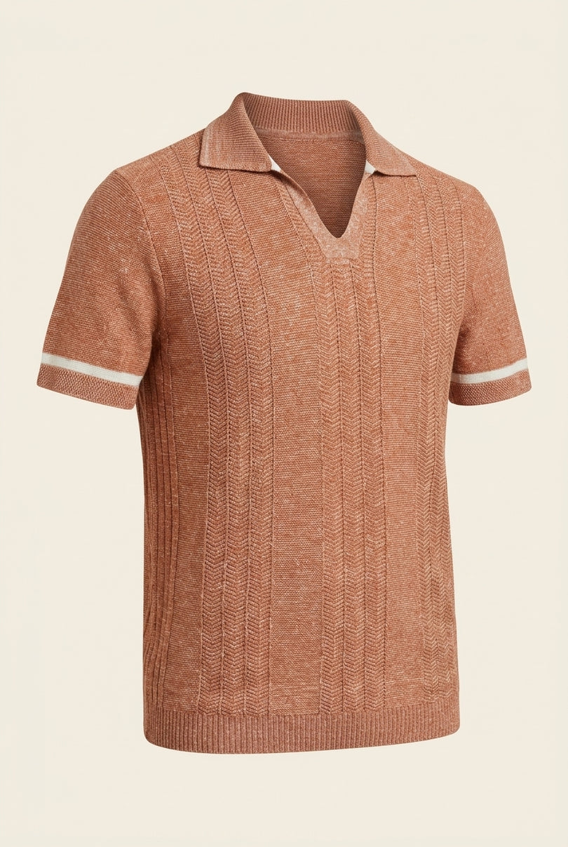Linen blend chevron fitted polo shirt - Pink - Front