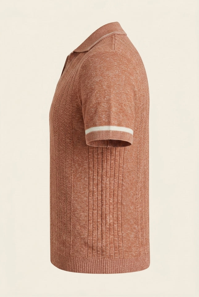 Linen blend chevron fitted polo shirt - Pink - Side
