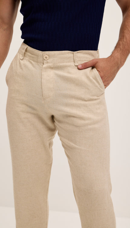 Linen Blend Relaxed Fit Pants - Beige - Ron Tomson