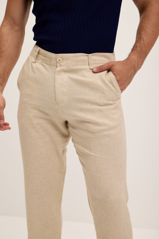 Linen Blend Relaxed Fit Pants - Beige - Ron Tomson