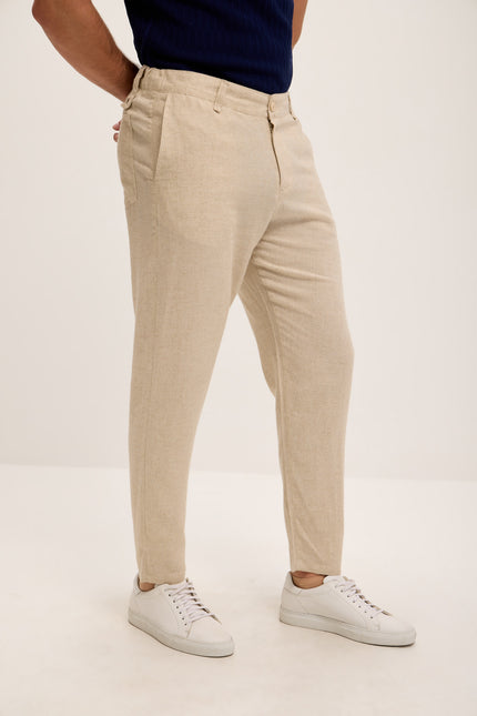 Linen Blend Relaxed Fit Pants - Beige - Ron Tomson