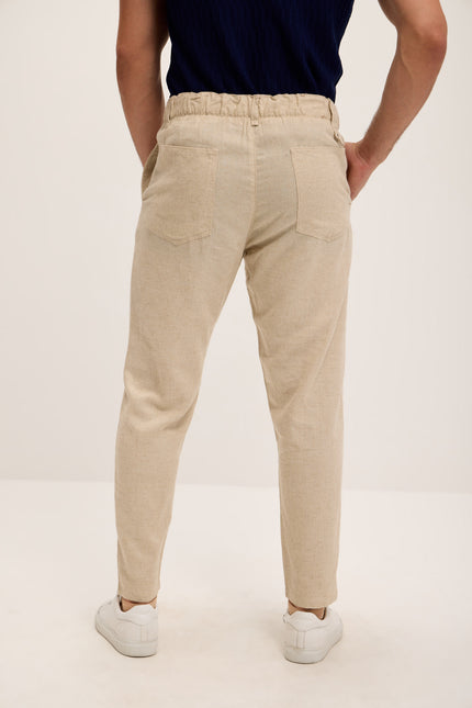 Linen Blend Relaxed Fit Pants - Beige - Ron Tomson