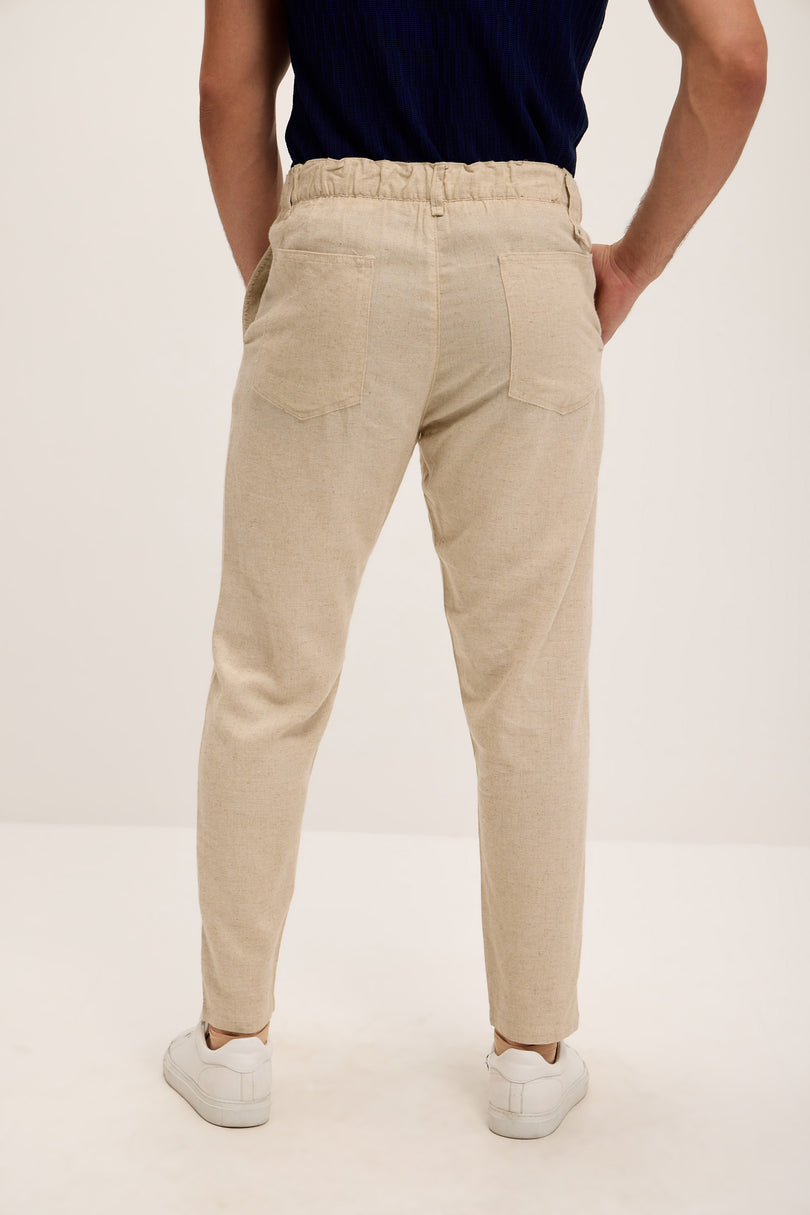 Linen Blend Relaxed Fit Pants - Beige - Ron Tomson