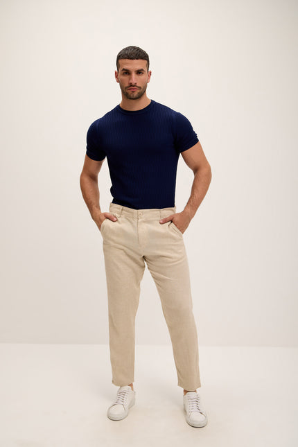 Linen Blend Relaxed Fit Pants - Beige - Ron Tomson