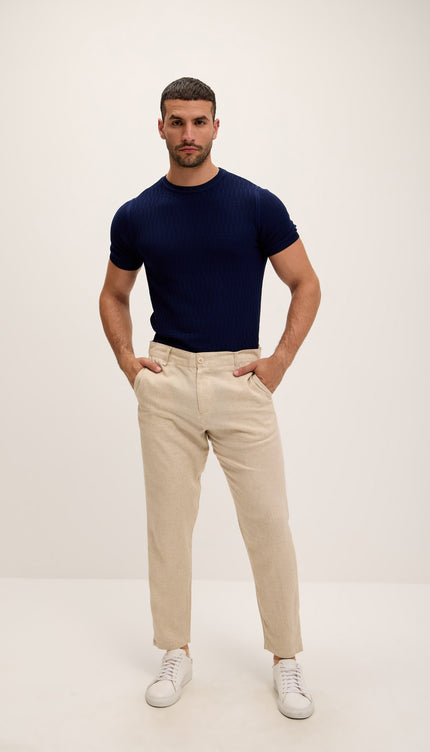 Linen Blend Relaxed Fit Pants - Beige - Ron Tomson
