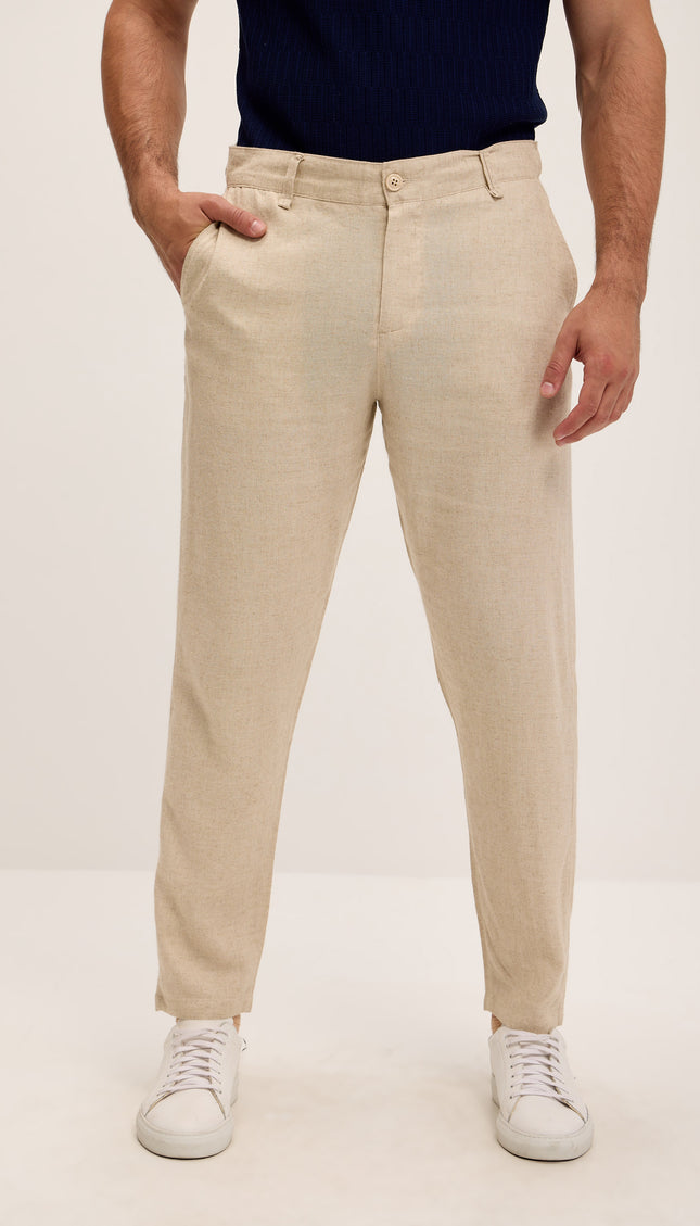Linen Blend Relaxed Fit Pants - Beige - Ron Tomson