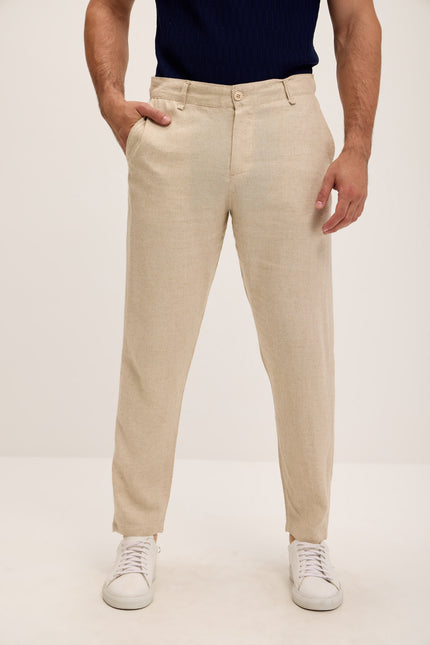 Linen Blend Relaxed Fit Pants - Beige - Ron Tomson