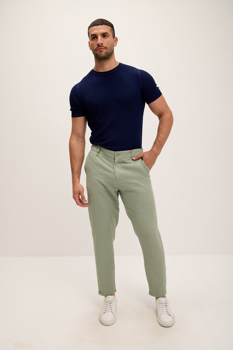 Linen Blend Relaxed Fit Pants - Green - Ron Tomson