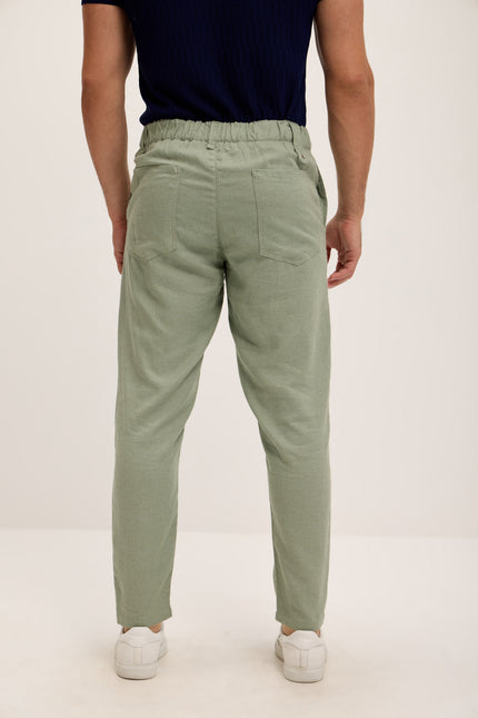 Linen Blend Relaxed Fit Pants - Green - Ron Tomson