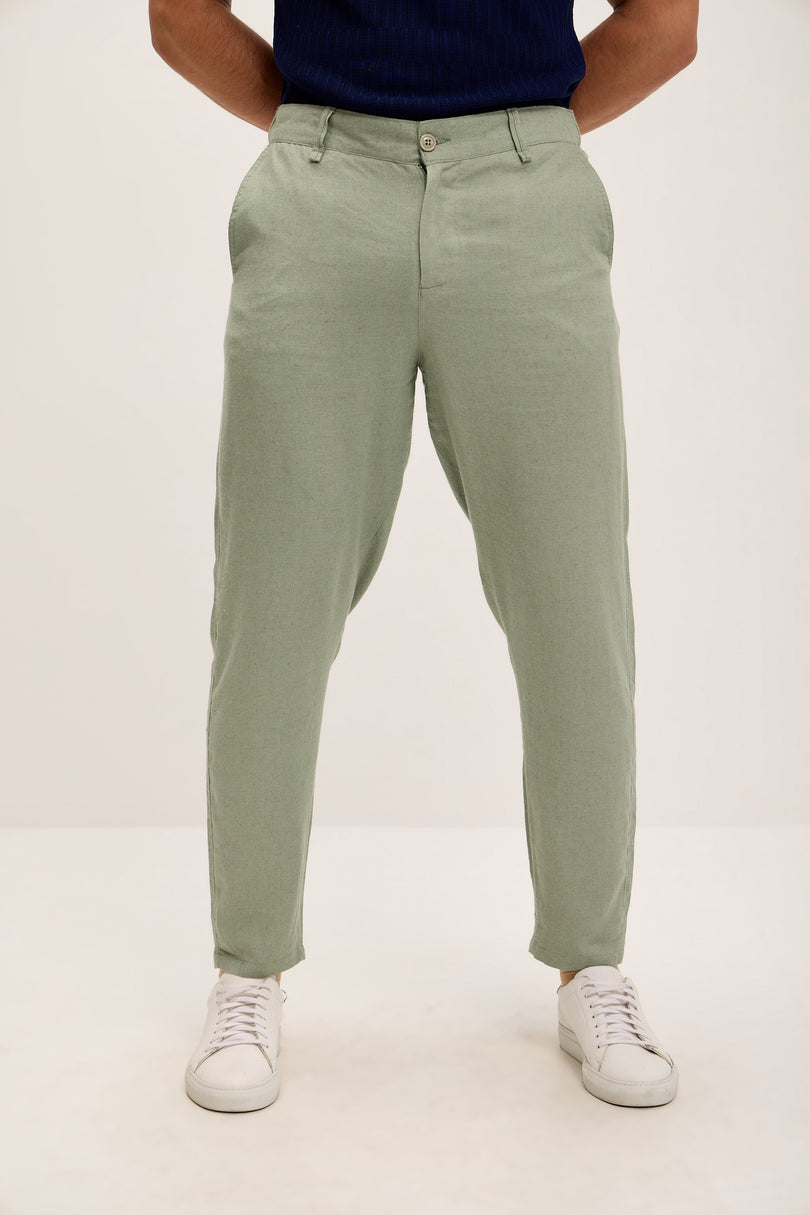 Linen Blend Relaxed Fit Pants - Green - Ron Tomson
